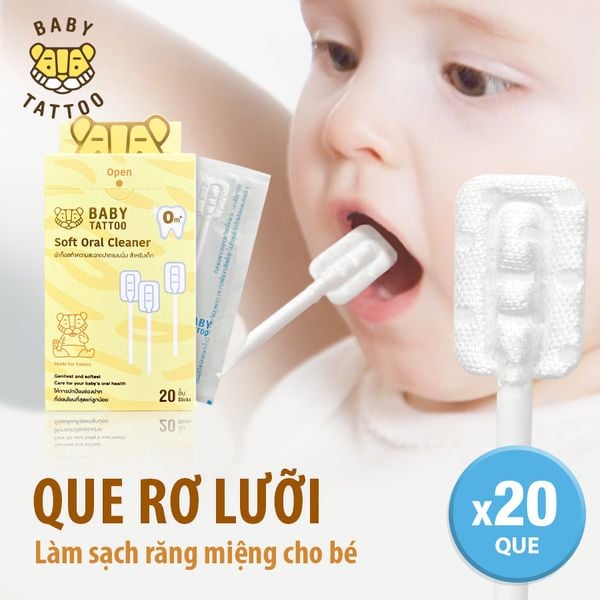  Que Rơ Lưỡi BABY TATTOO, Đầu Que Mini Giúp Làm Sạch Răng Miệng Cho Bé, Thiết Kế Mềm Mại, Hộp 20 Que 