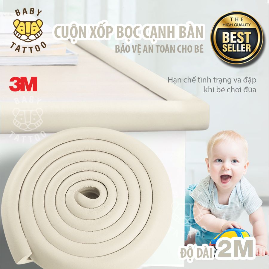  BABY TATTOO Cuộn Xốp Bọc Cạnh Bàn Dài 2m, Góc Bàn Chữ L Bảo Vệ An Toàn Cho Bé, Kèm Keo 3M 