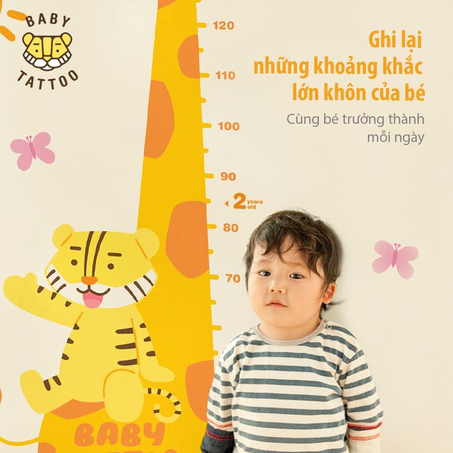  BABY TATTOO Miếng Dán Tường Đo Chiều Cao Hình Con Hổ Và Hươu Cao Cổ Dễ Thương, Trang Trí Phòng Cho Bé 