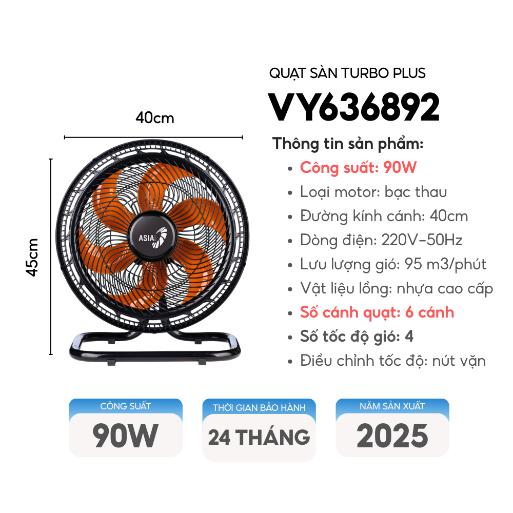 [Mẫu mới 2025] Quạt sàn ASIAVINA TURBO PLUS 90W 6 cánh
