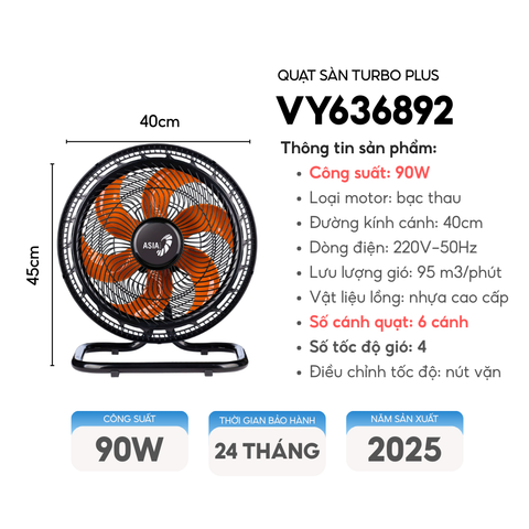 [Mẫu mới 2025] Quạt sàn ASIAVINA TURBO PLUS 90W 6 cánh