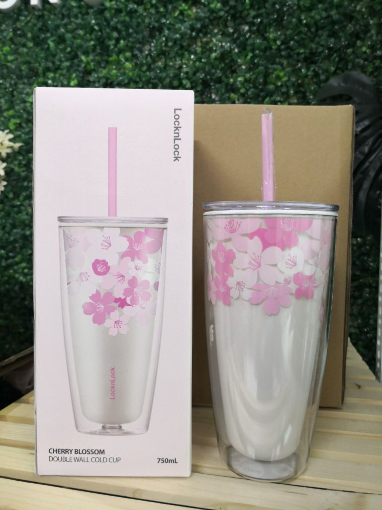 Ly nhựa 2 lớp Cherry Blossom kèm ống hút Lock&Lock 750ML - HAP509