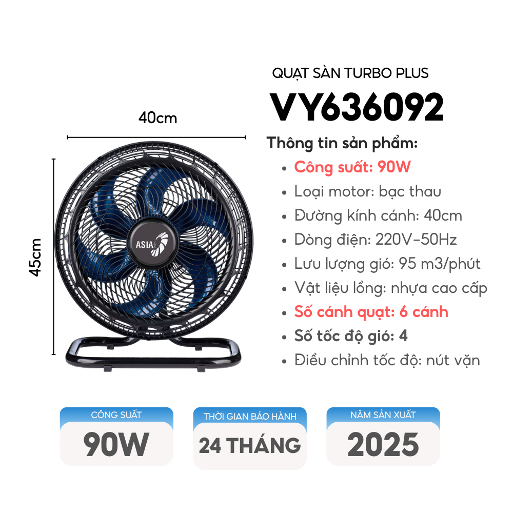 [Mẫu mới 2025] Quạt sàn ASIAVINA TURBO PLUS 90W 6 cánh