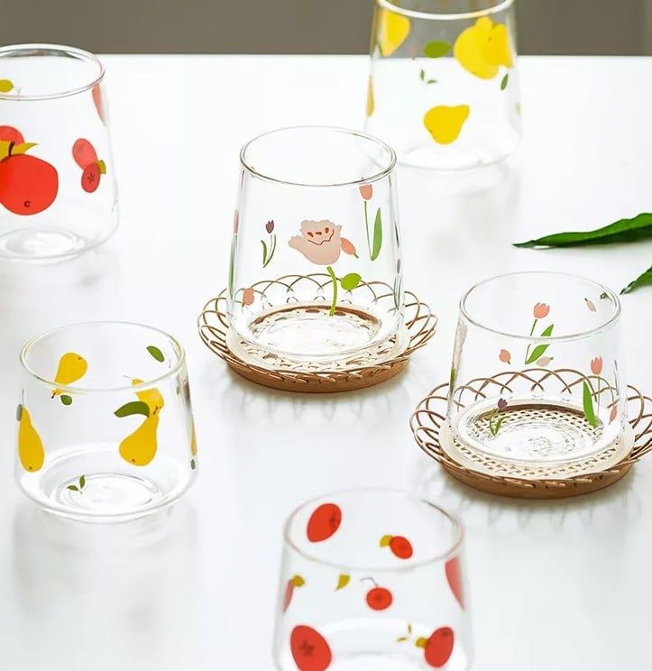 Ly thuỷ tinh hoạ tiết hoa cỏ trái cây