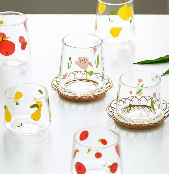 Ly thuỷ tinh hoạ tiết hoa cỏ trái cây