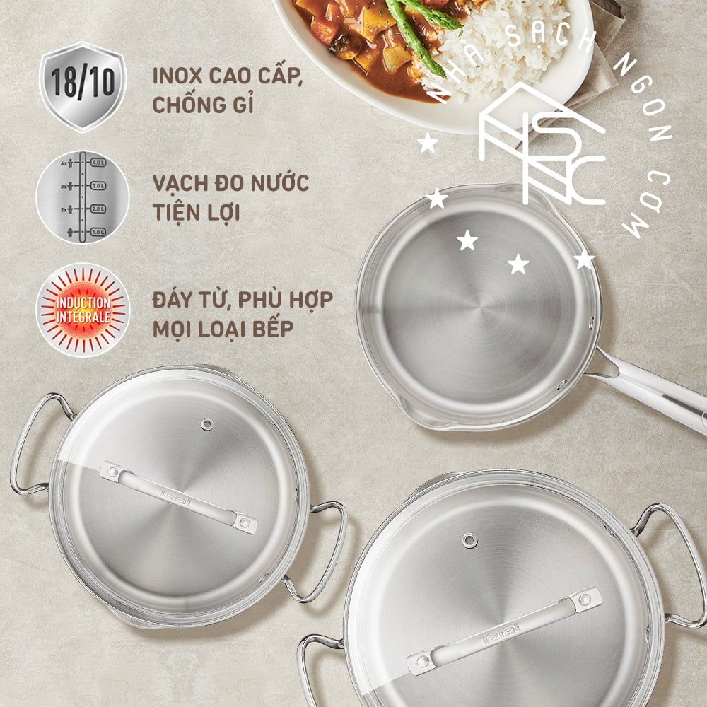 Bộ 3 nồi inox Tefal Duetto Plus (Quánh 16cm - 1.4L, Nồi 20cm - 2.8L, Nồi 24cm - 4.9L)