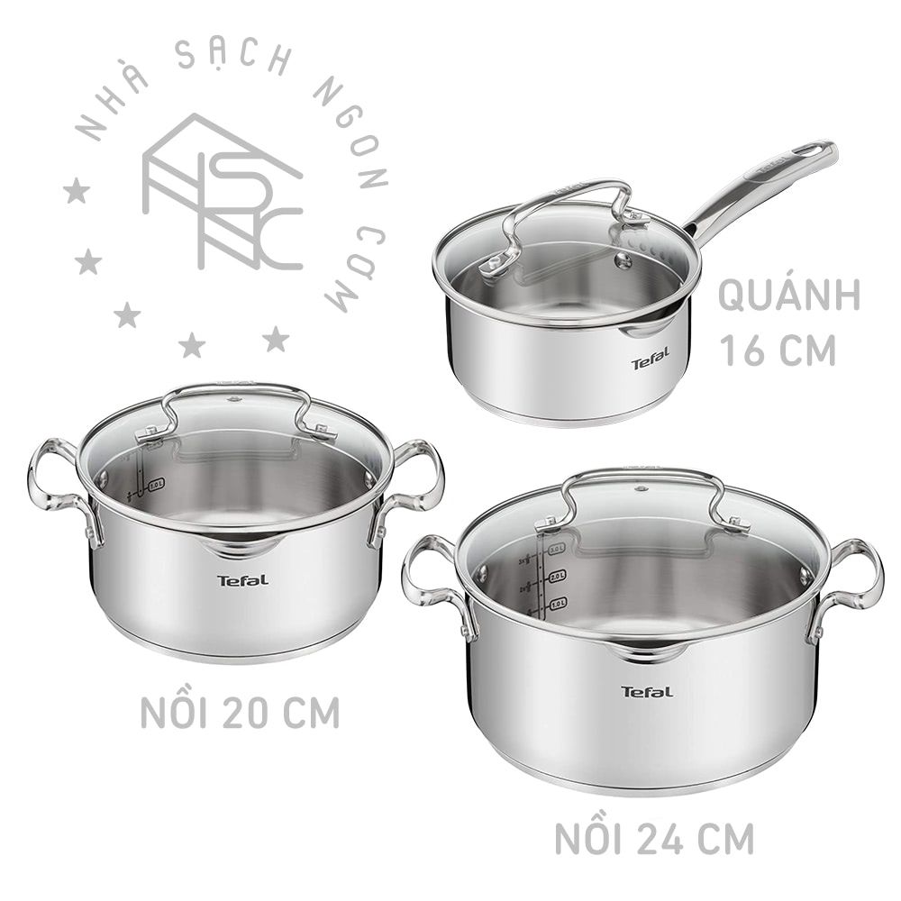Bộ 3 nồi inox Tefal Duetto Plus (Quánh 16cm - 1.4L, Nồi 20cm - 2.8L, Nồi 24cm - 4.9L)