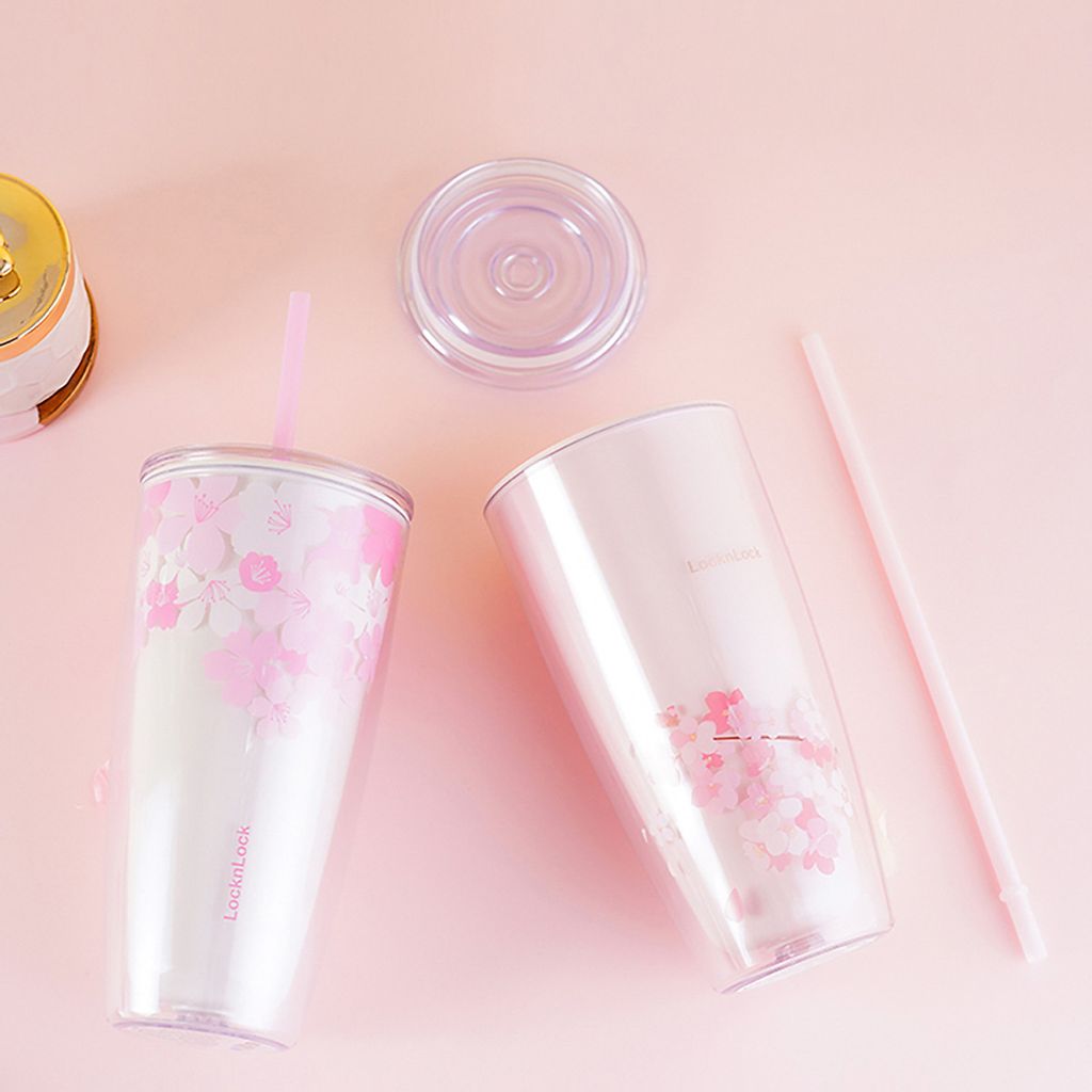 Ly nhựa 2 lớp Cherry Blossom kèm ống hút Lock&Lock 750ML - HAP509