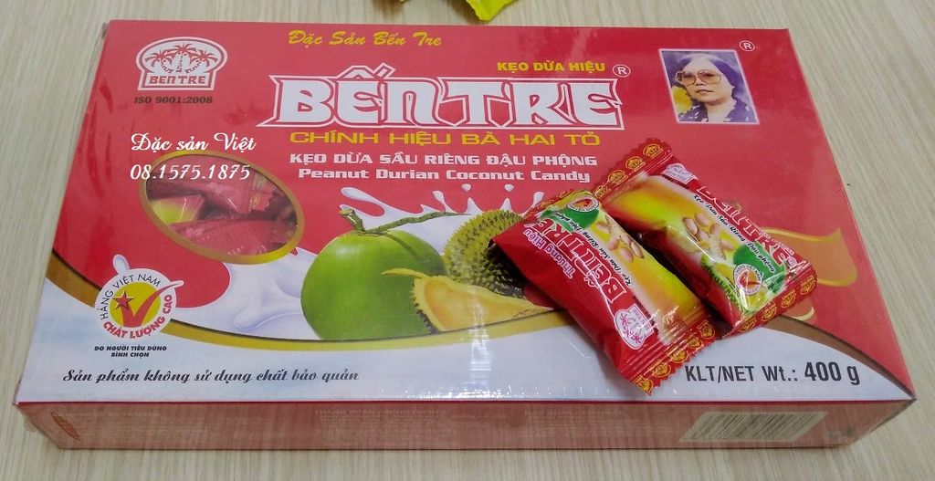 KẸO DỪA BÉO 400G - THƯƠNG HIỆU BẾN TRE BÀ HAI TỎ – vị sầu riêng, lá dứa, đậu phộng, nước cốt dừa truyền thống