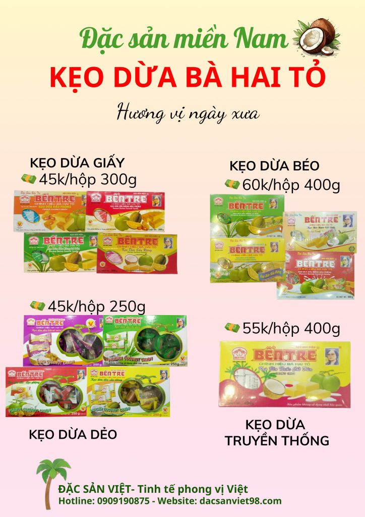 KẸO DỪA BÉO 400G - THƯƠNG HIỆU BẾN TRE BÀ HAI TỎ – vị sầu riêng, lá dứa, đậu phộng, nước cốt dừa truyền thống