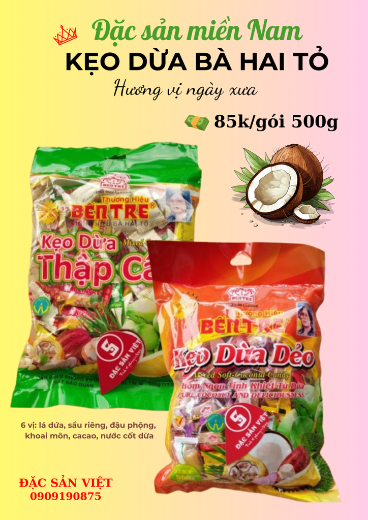 KẸO DỪA BẾN TRE DẺO THẬP CẨM 500g