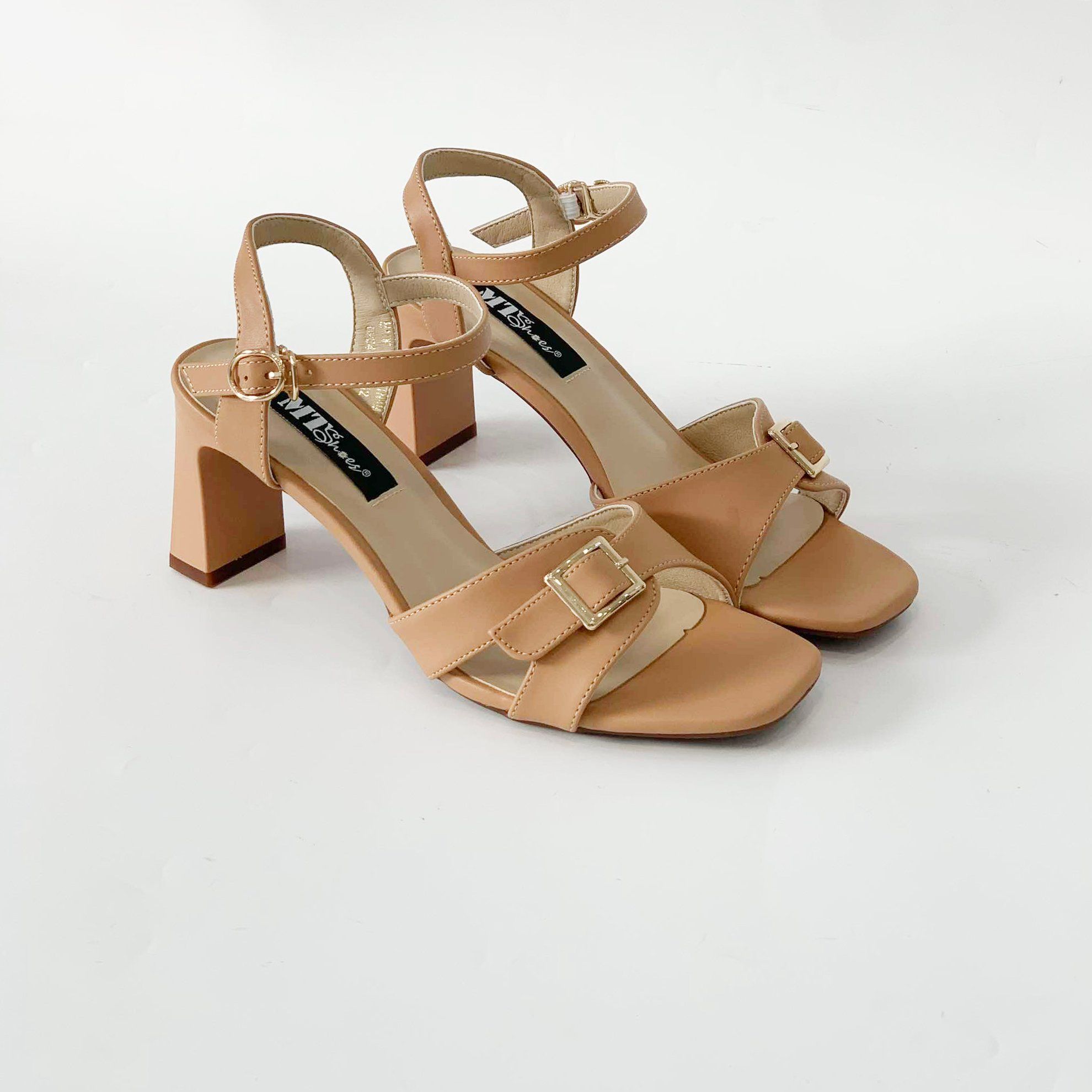  Giày sandal nữ quai ngang phối khóa vuông, gót trụ 7cm MT3223 