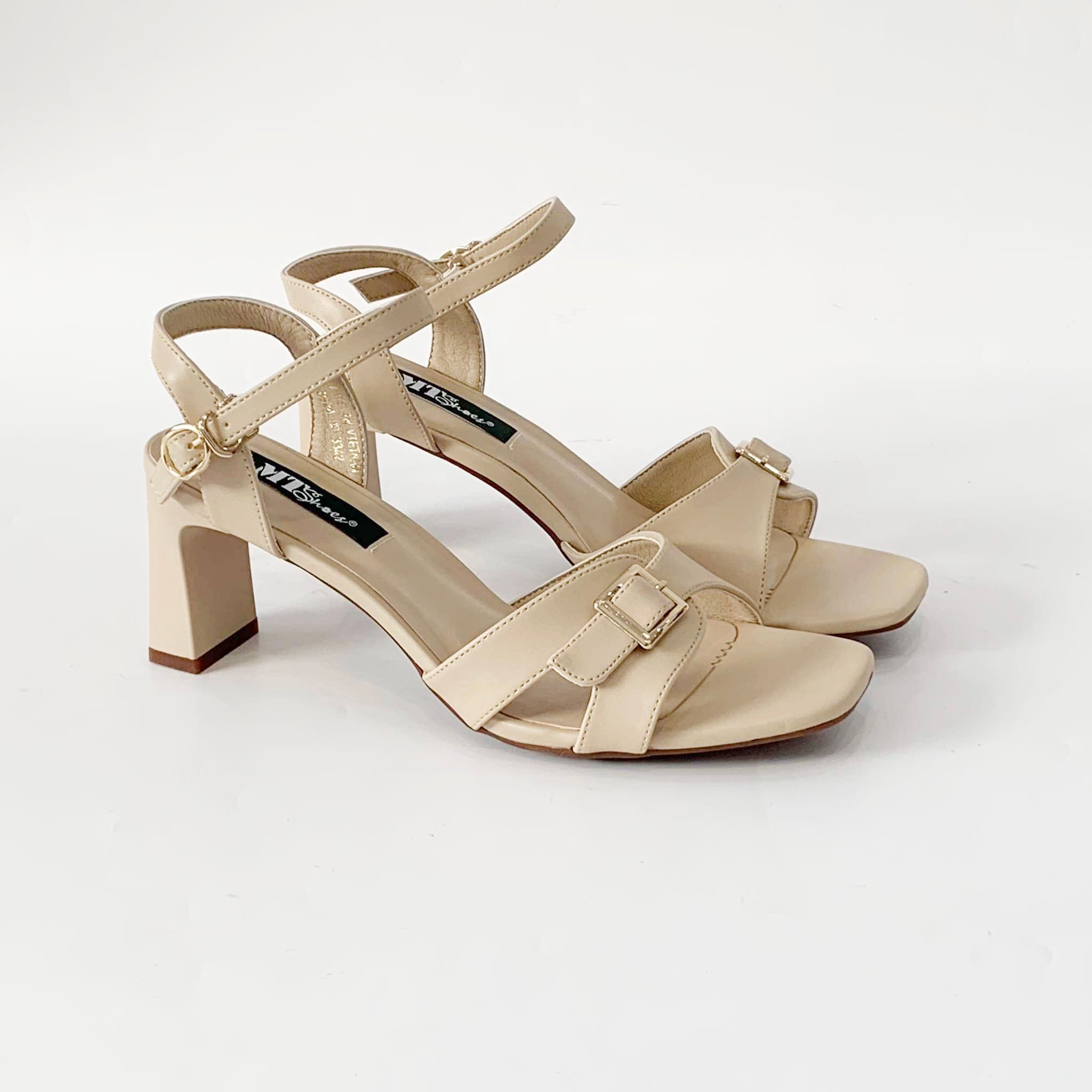  Giày sandal nữ quai ngang phối khóa vuông, gót trụ 7cm MT3223 