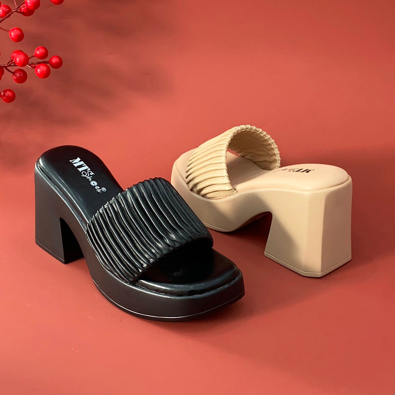  Dép guốc nữ quai ngang xếp ly đế trụ 8cm 922 
