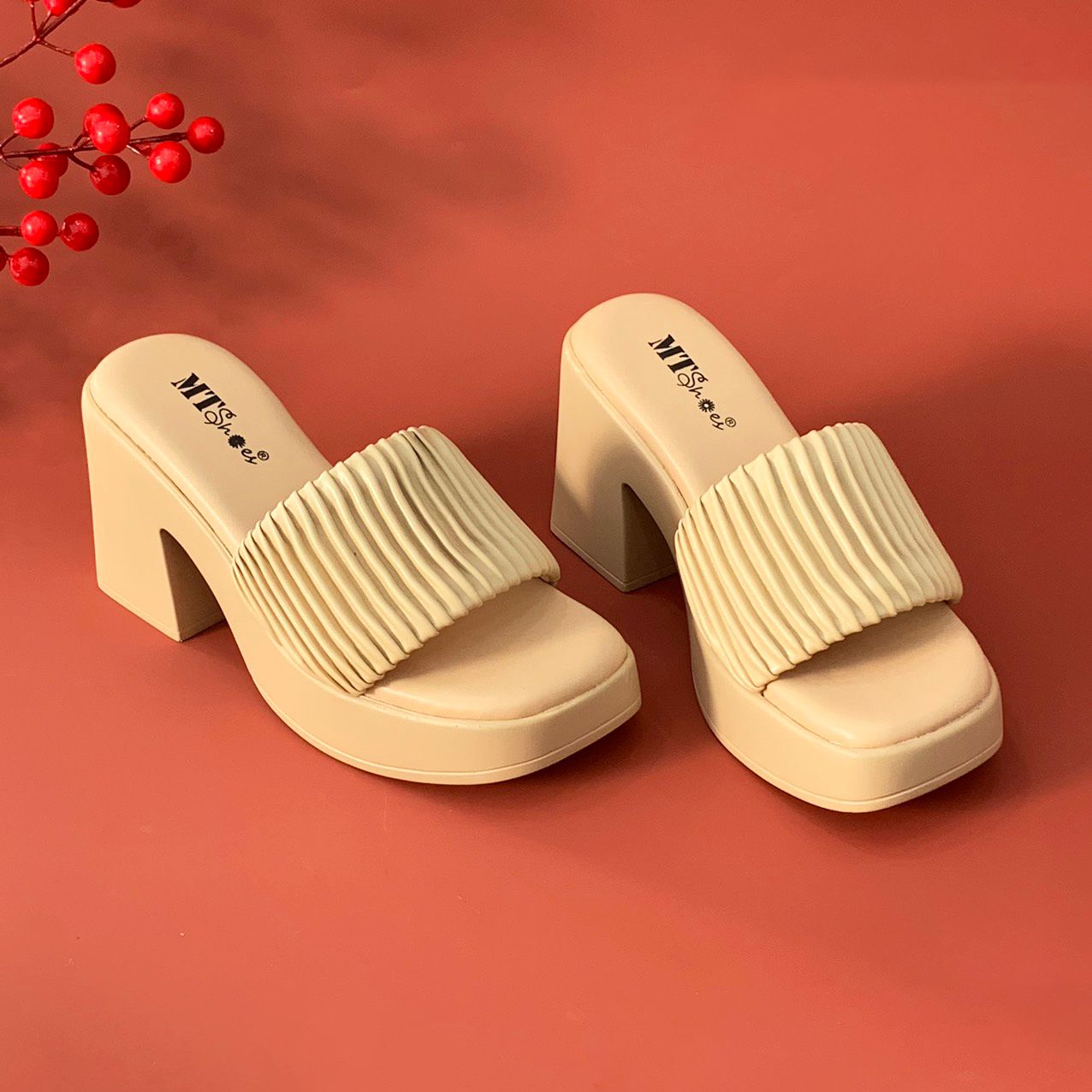  Dép guốc nữ quai ngang xếp ly đế trụ 8cm 922 