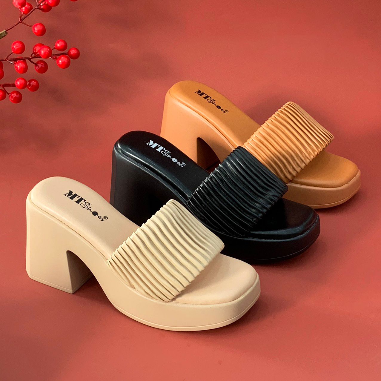  Dép guốc nữ quai ngang xếp ly đế trụ 8cm 922 