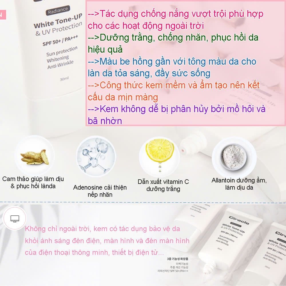  Kem chống nắng nâng tone da trắng hồng KCN01 