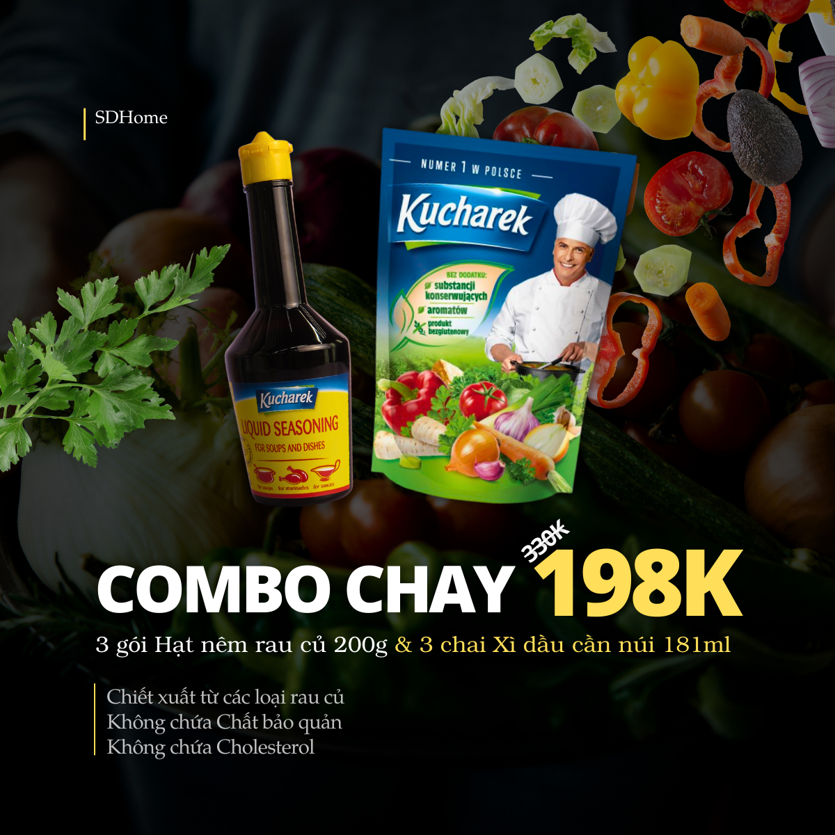 [Combo 3 Chay] Hạt nêm rau củ gói 200g x Xì dầu cần núi 181ml Kucharek ...