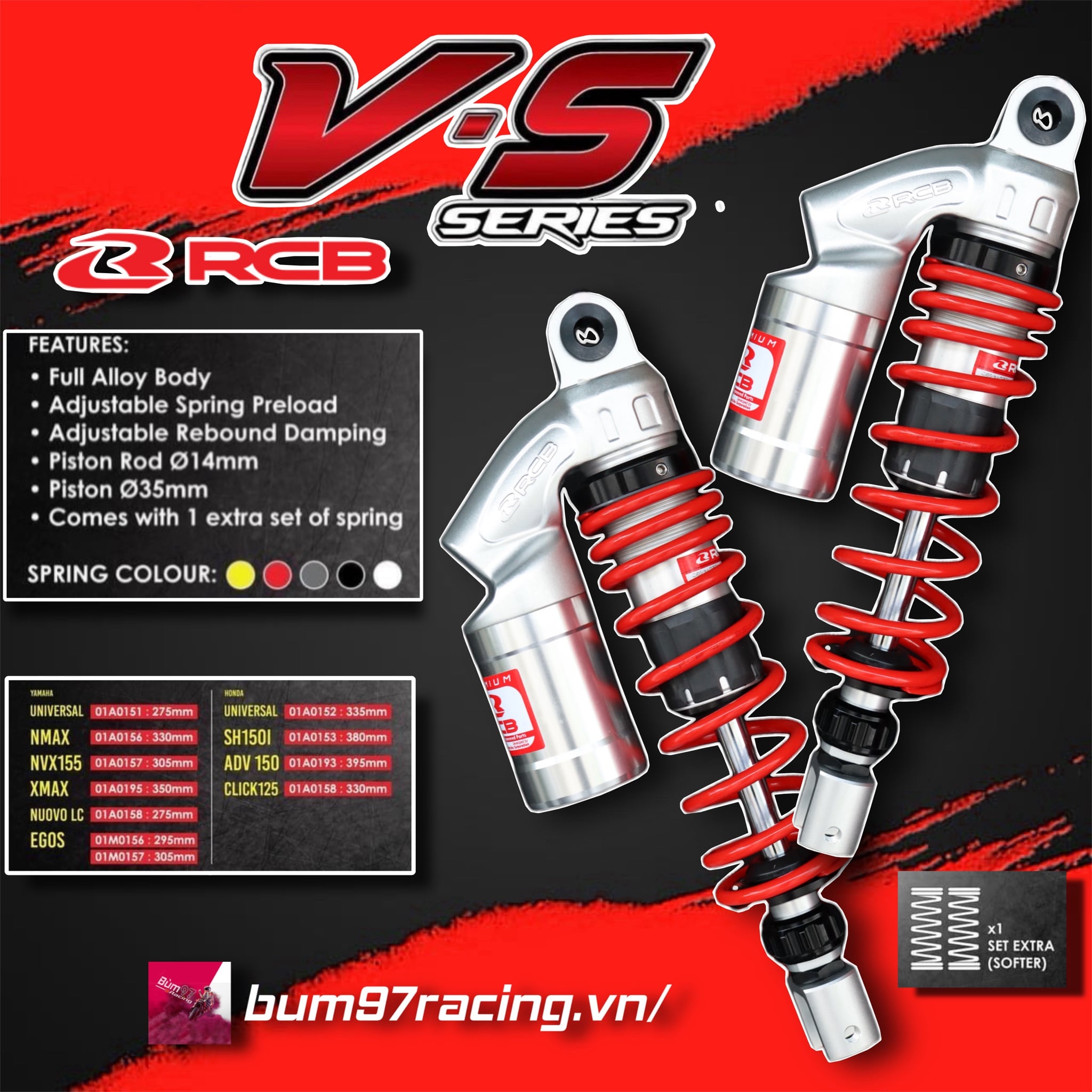 Phuộc RCB VS 320mm ĐỎ AIR BLADE SH Ý PCX TĂNG CHỈNH CHÂN PHUỘC