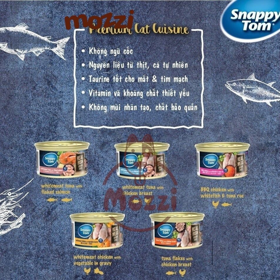 Pate cho mèo Snappy Tom lon 85gr Real Fish Real Meat
