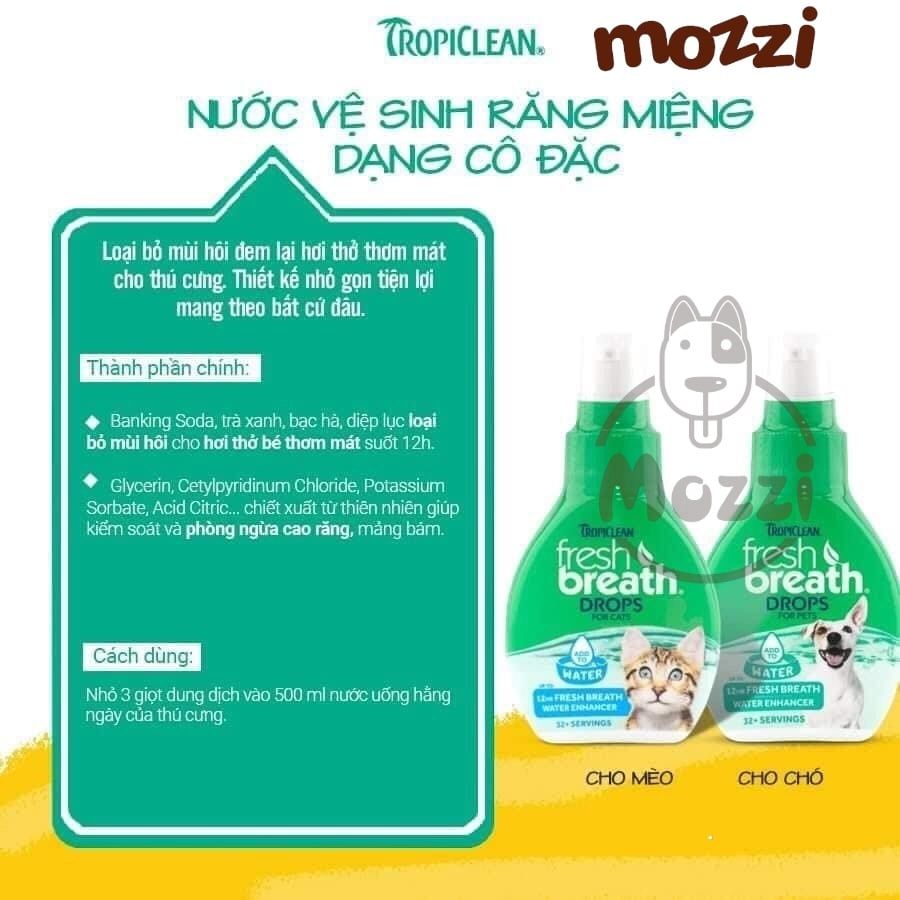 Dung dịch chăm sóc răng miệng đậm đặc Tropiclean Fresh Breaths Drops pha nước uống Chai 65ml cho chó mèo