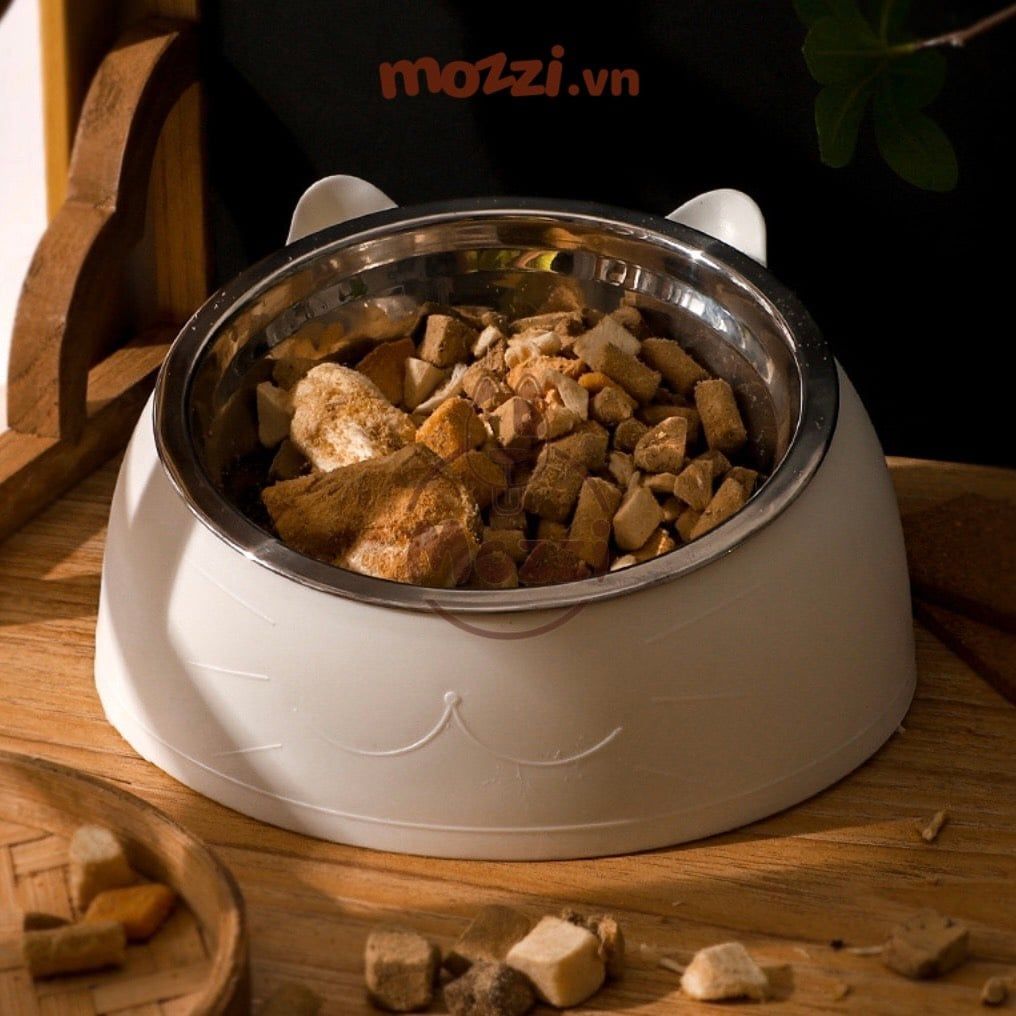 Chén bát ăn cho chó mèo đế nhựa cao có chén inox chống gù