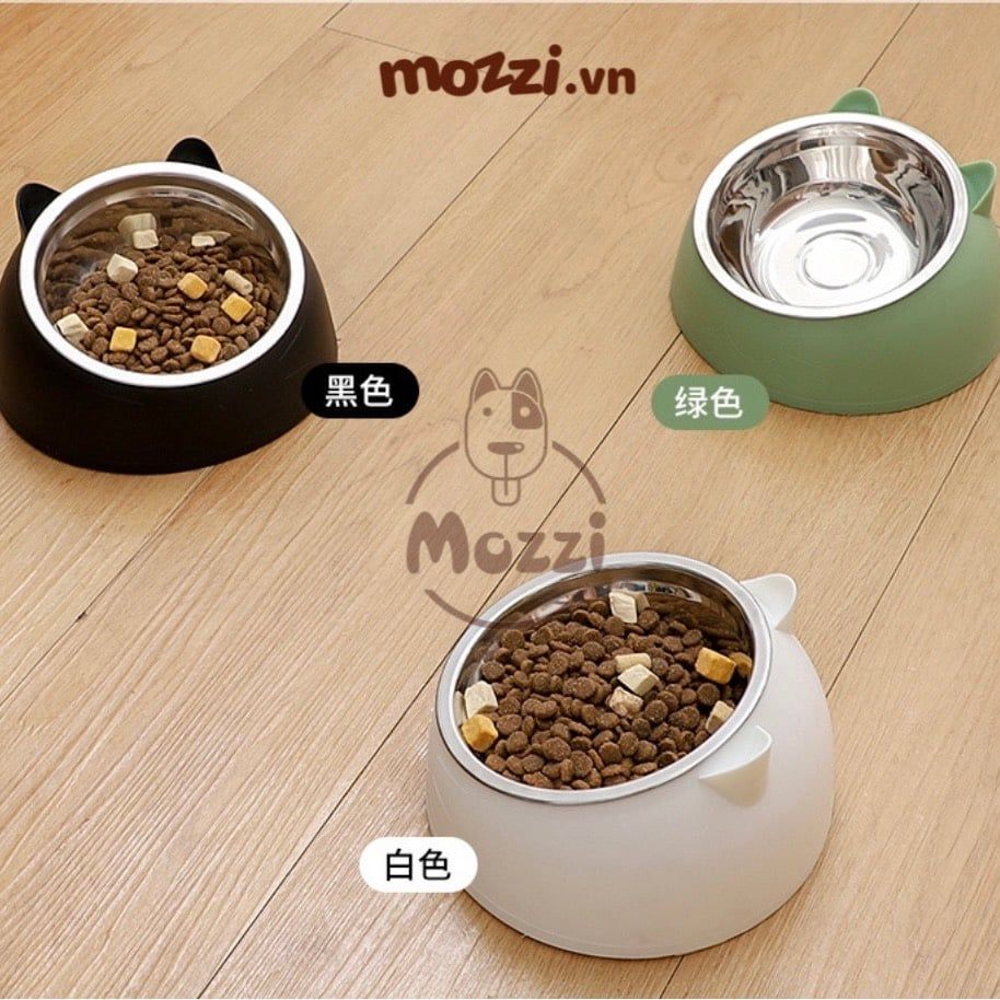 Chén bát ăn cho chó mèo đế nhựa cao có chén inox chống gù