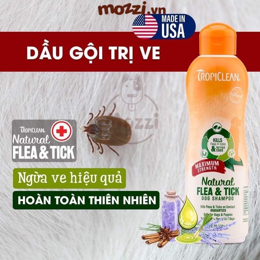 Sữa tắm Tropiclean Natural Flea & Tick Tắm ve và bọ chét 592ml cho chó mèo