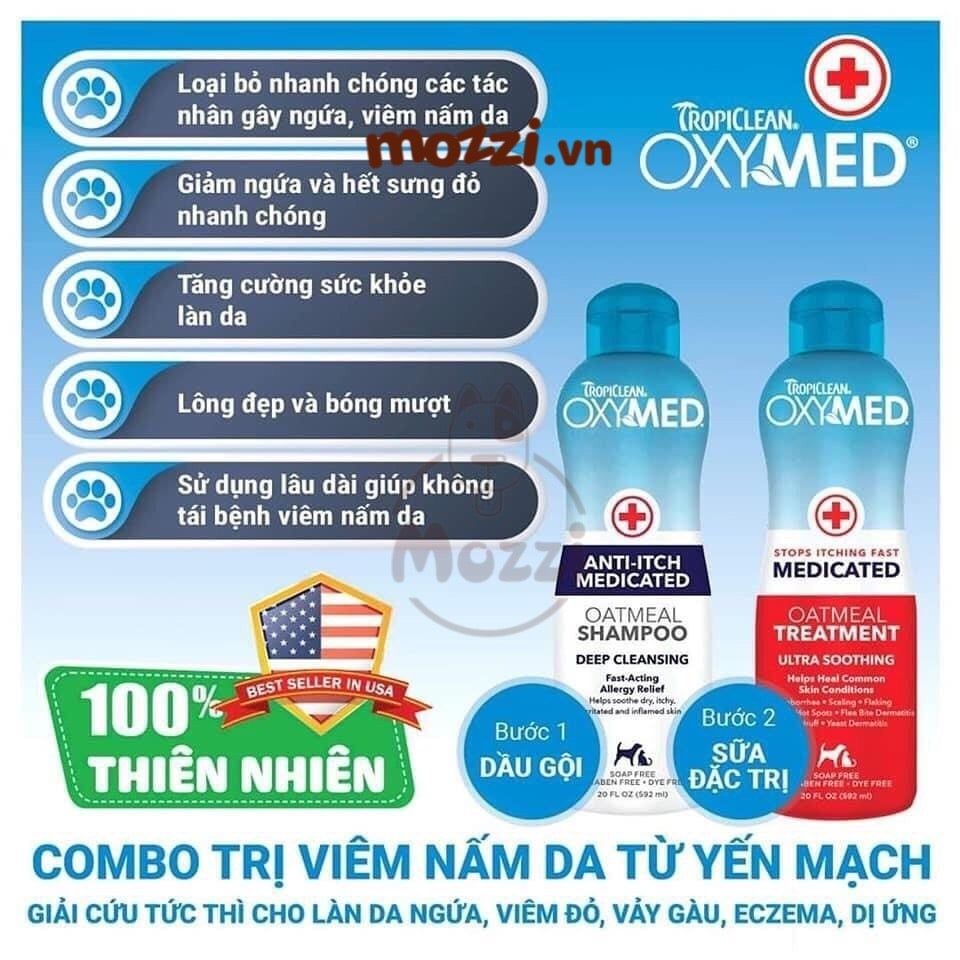 Sữa tắm Tropiclean OXYMED Gội ủ xả viêm da nấm ngứa 592ml cho chó mèo
