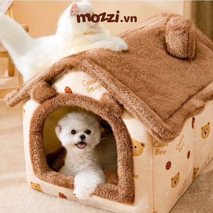 Nhà nệm cho chó mèo có mái viền bông mềm tháo rời