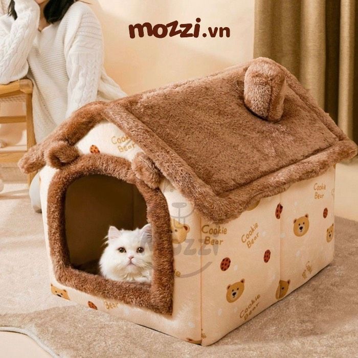 Nhà nệm cho chó mèo có mái viền bông mềm tháo rời