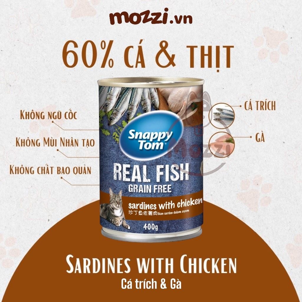 Pate cho mèo Snappy Tom lon 400gr Real Fish Real Meat