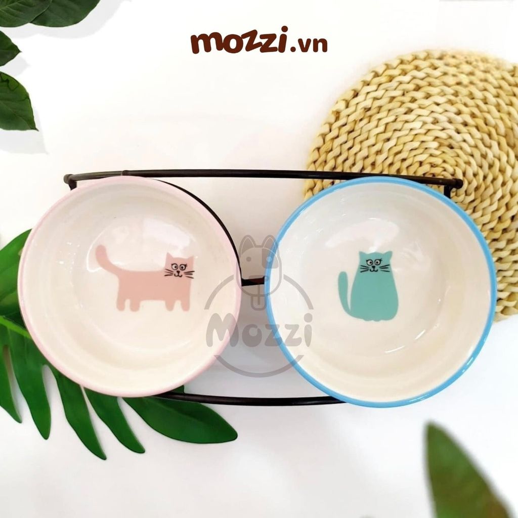 Khay thức ăn đôi chén sứ kèm kệ sắt cho chó mèo