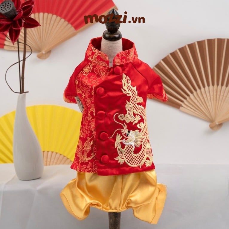 Áo dài Tết hình Rồng đỏ cho chó mèo