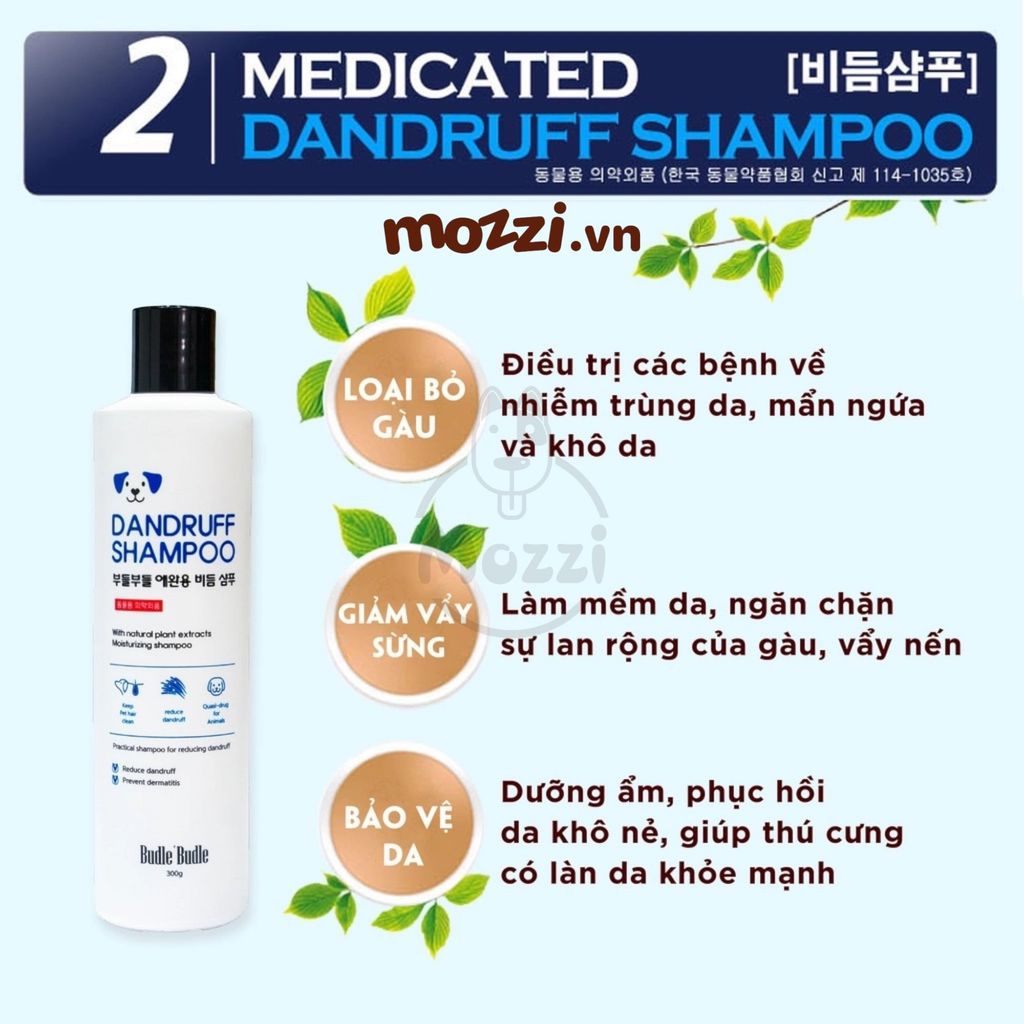 Sữa tắm Budle’Budle Chăm sóc da Vảy gàu Viêm da Ve bọ chét 300gr cho chó