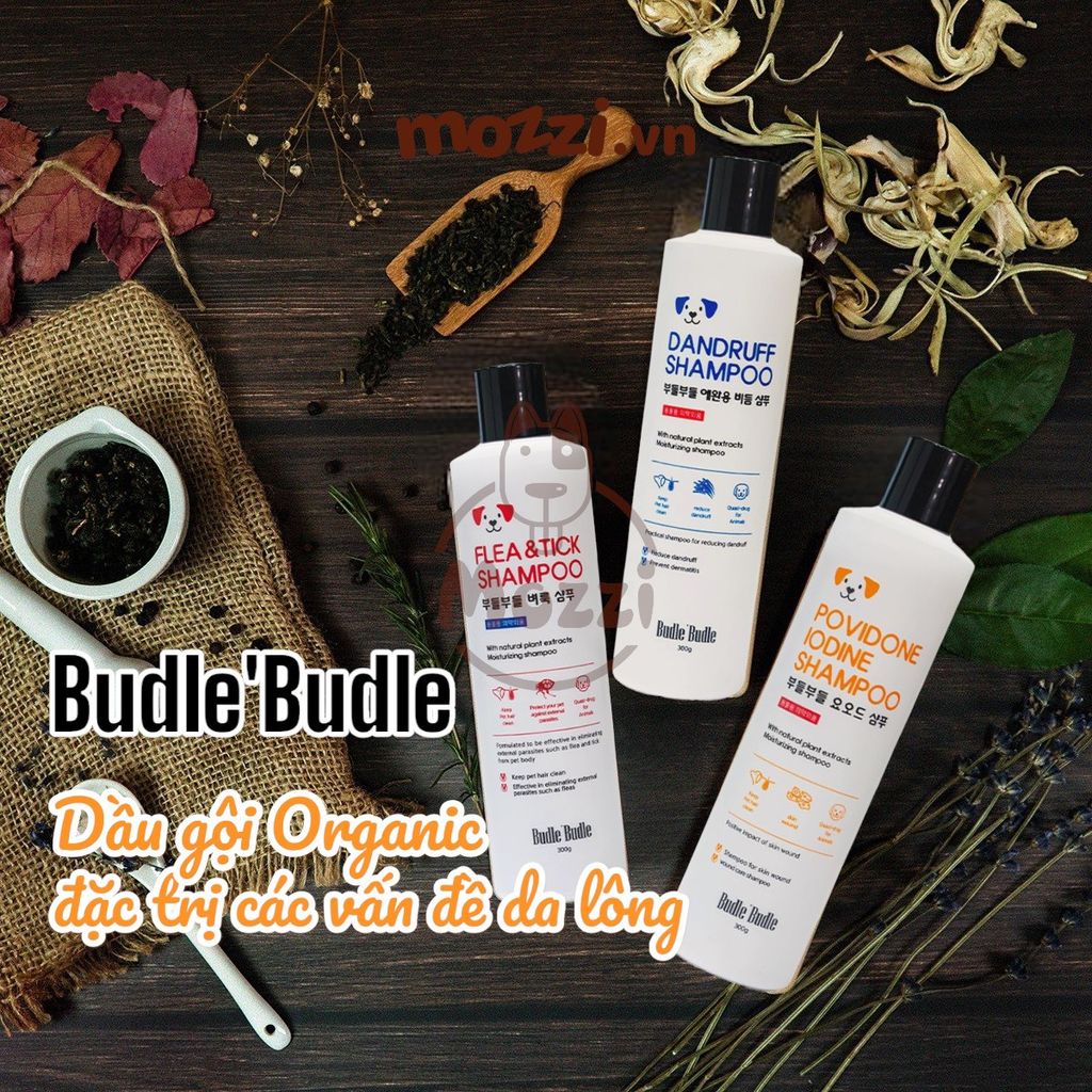 Sữa tắm Budle’Budle Chăm sóc da Vảy gàu Viêm da Ve bọ chét 300gr cho chó