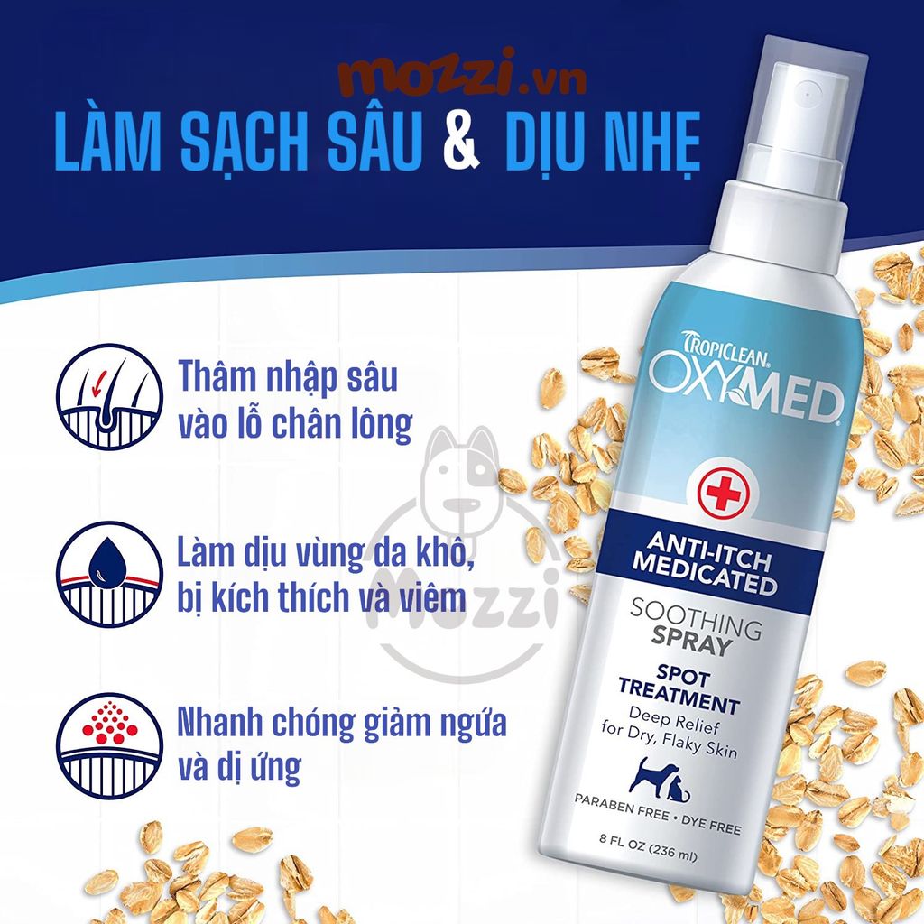 Xịt giảm ngứa viêm da tức thì Anti-Itch Tropiclean Oxymed cho chó mèo Chai 236ml