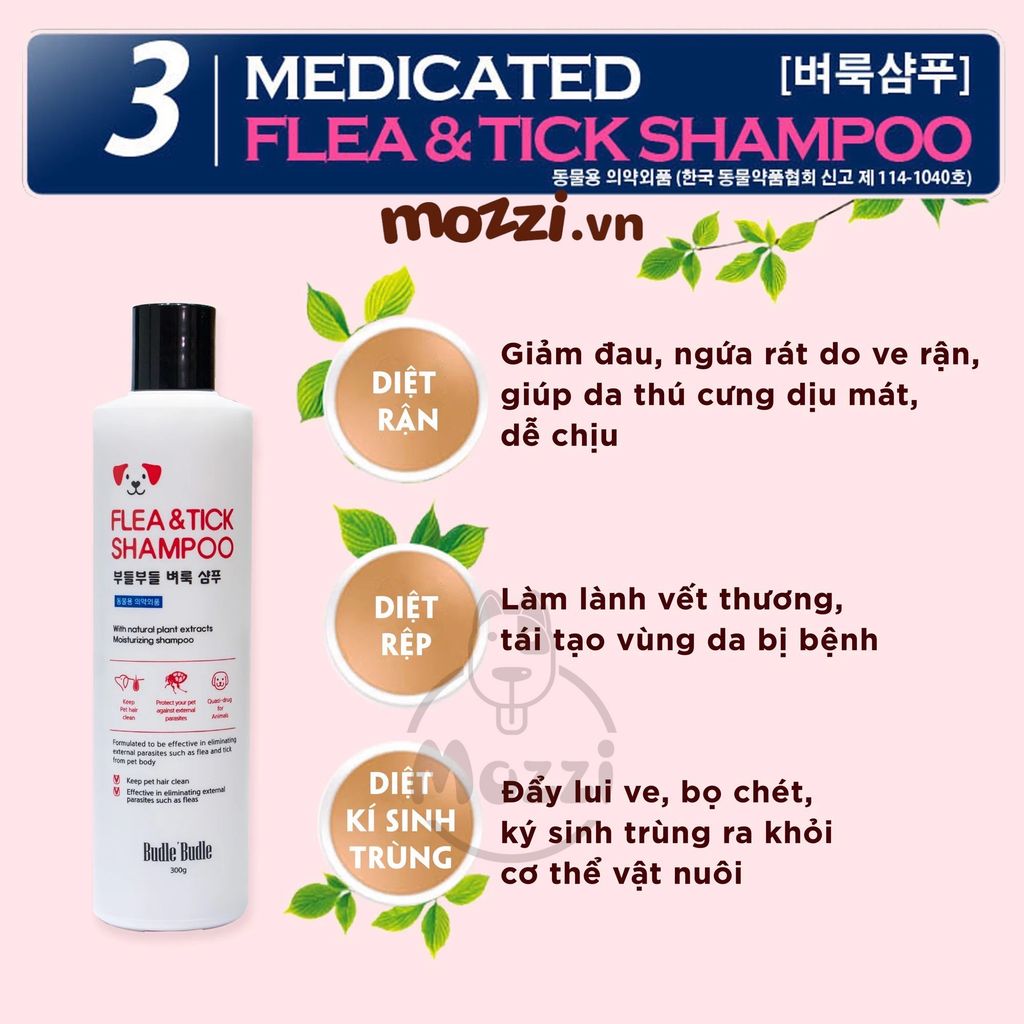 Sữa tắm Budle’Budle Chăm sóc da Vảy gàu Viêm da Ve bọ chét 300gr cho chó
