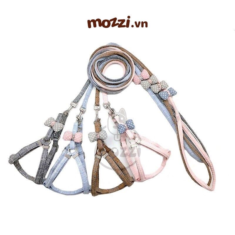 Dây dắt yếm ngực nơ cotton cho chó mèo