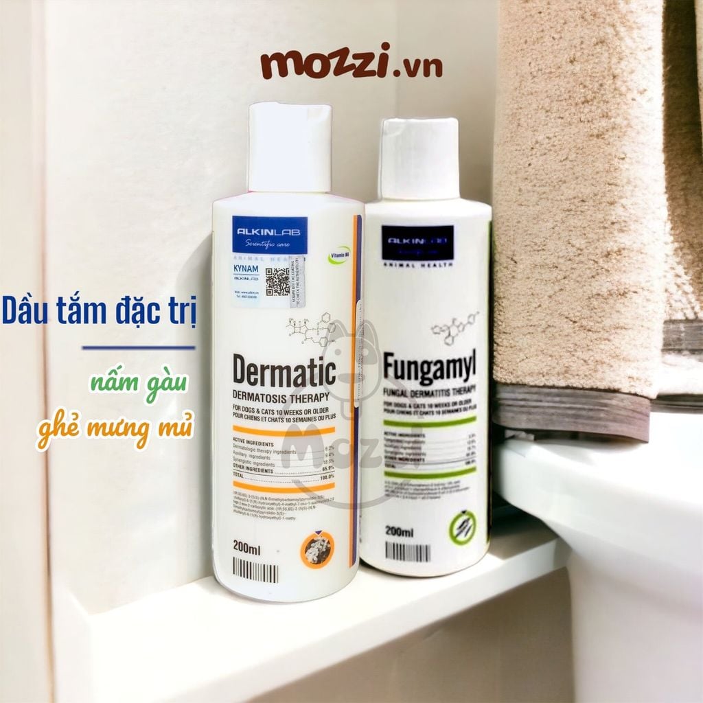 Sữa tắm Alkin Dermatic Fungamyl Chăm sóc da nấm vảy gàu, ghẻ, ngứa mưng mủ cho chó mèo Chai 200ml