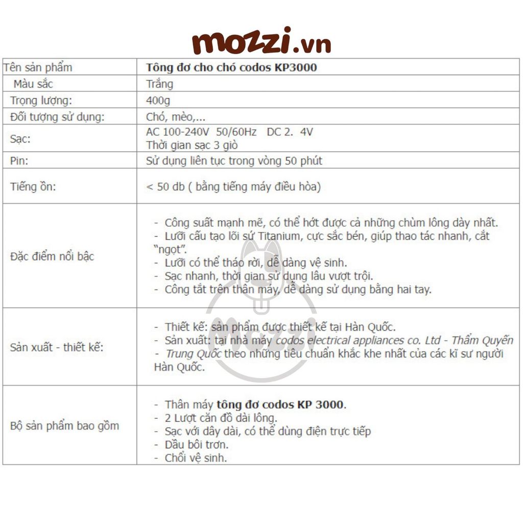 Tông đơ cạo lông Codos KP-3000 cho chó mèo