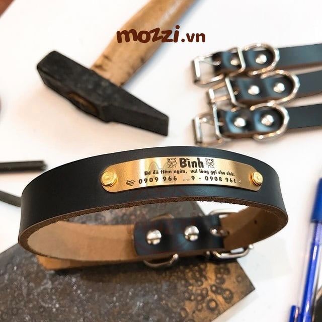 Dây da gắn tag inox khắc tên cho chó mèo - Pettag Mozzi