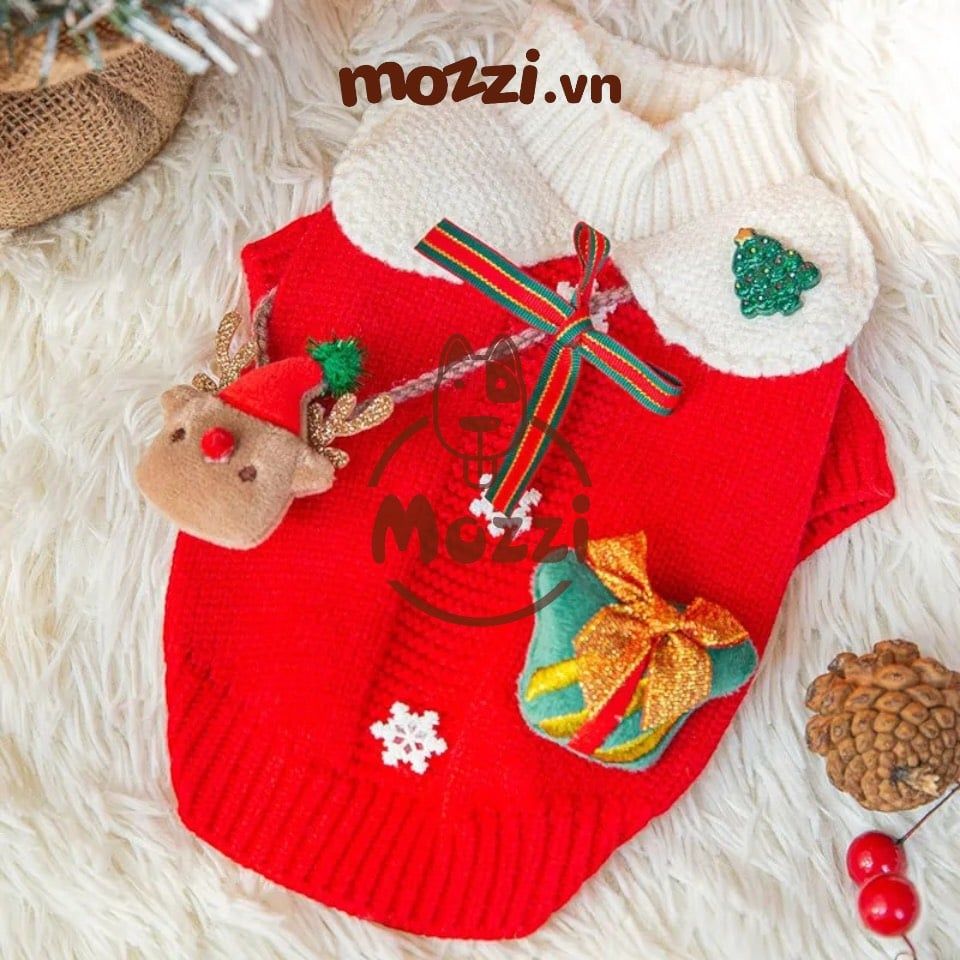 Áo len Noel cổ lọ đính nơ tuần lộc