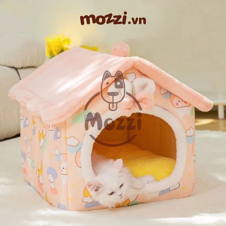 Nhà nệm cho chó mèo có mái viền bông mềm tháo rời