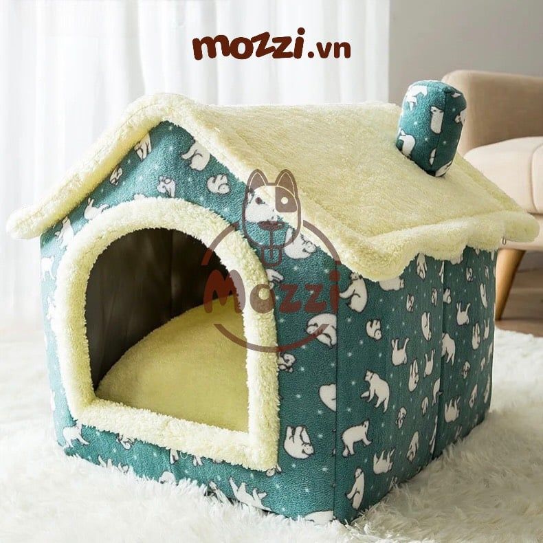 Nhà nệm cho chó mèo có mái viền bông mềm tháo rời