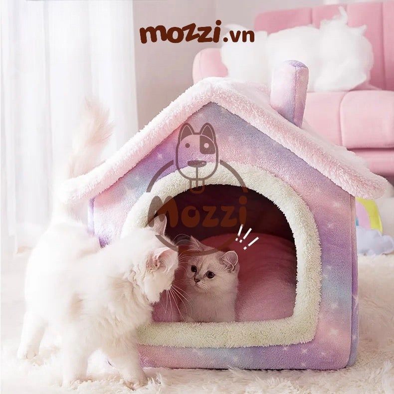 Nhà nệm cho chó mèo có mái viền bông mềm tháo rời