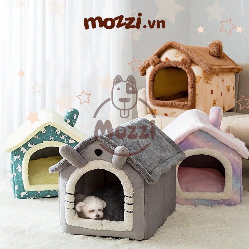 Nhà nệm cho chó mèo có mái viền bông mềm tháo rời