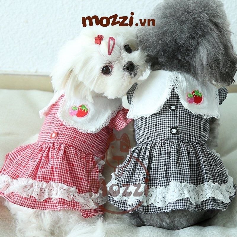 Đầm Caro Ren viền thêu Trái dâu