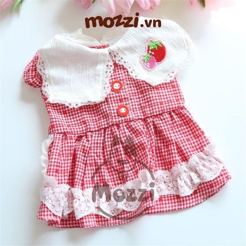 Đầm Caro Ren viền thêu Trái dâu