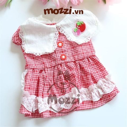 Đầm Caro Ren viền thêu Trái dâu